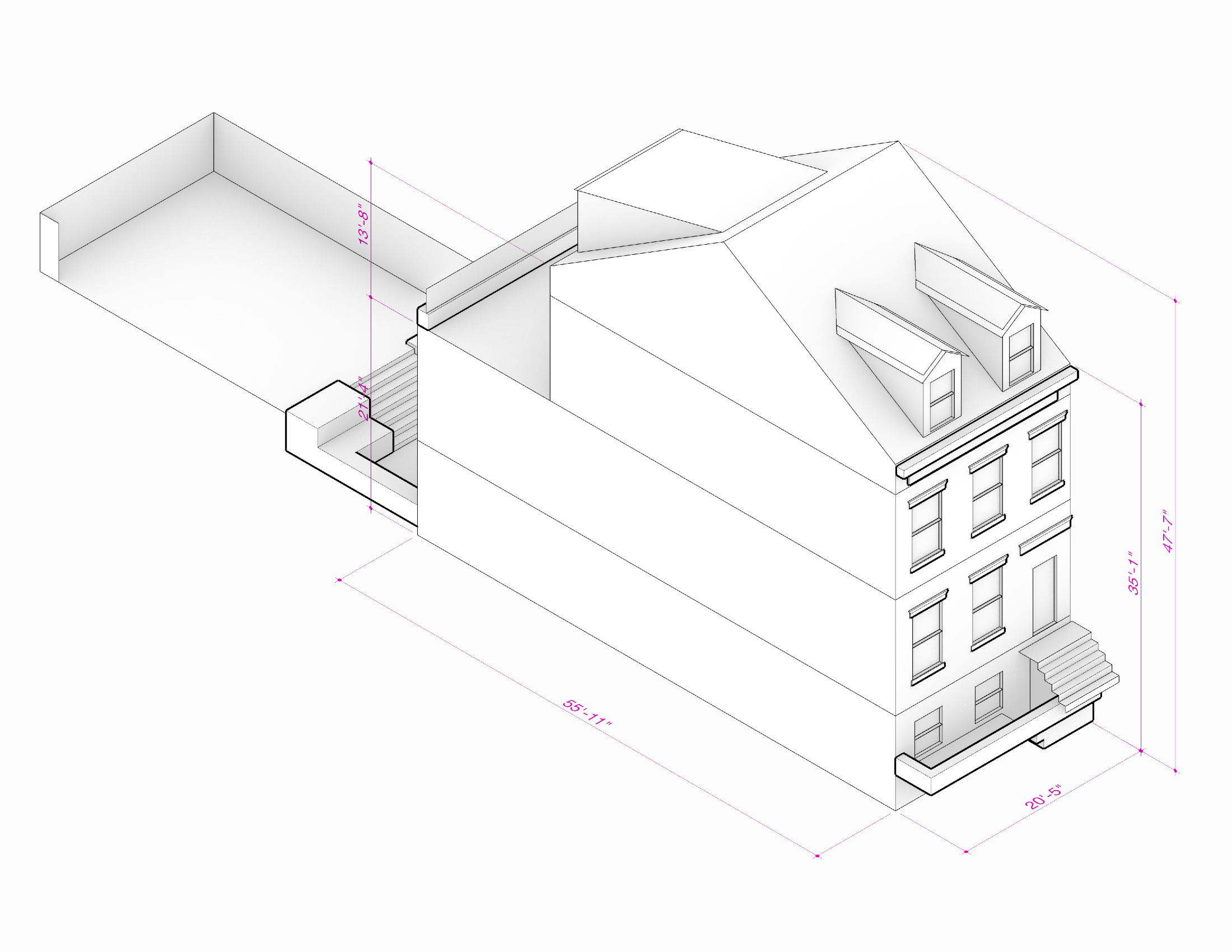 Modeled building geometry with dimensions